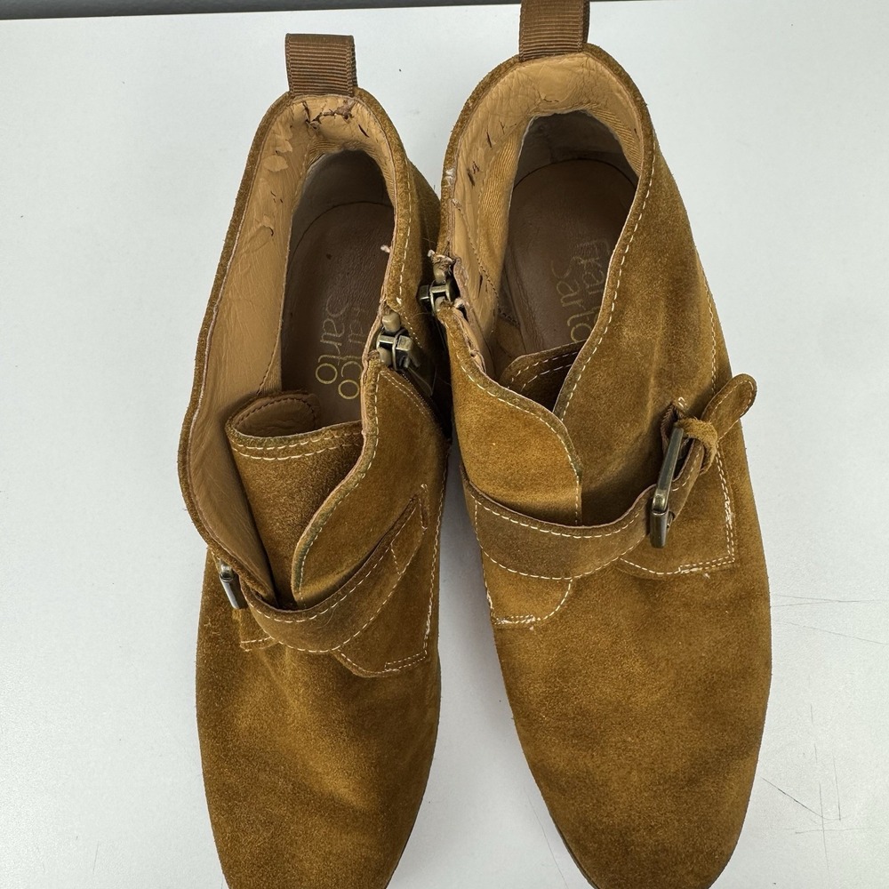 Franco Sarto Suede Wedge Booties Brown Buckle Strap Women's 8M Round Toe - Picture 3 of 16